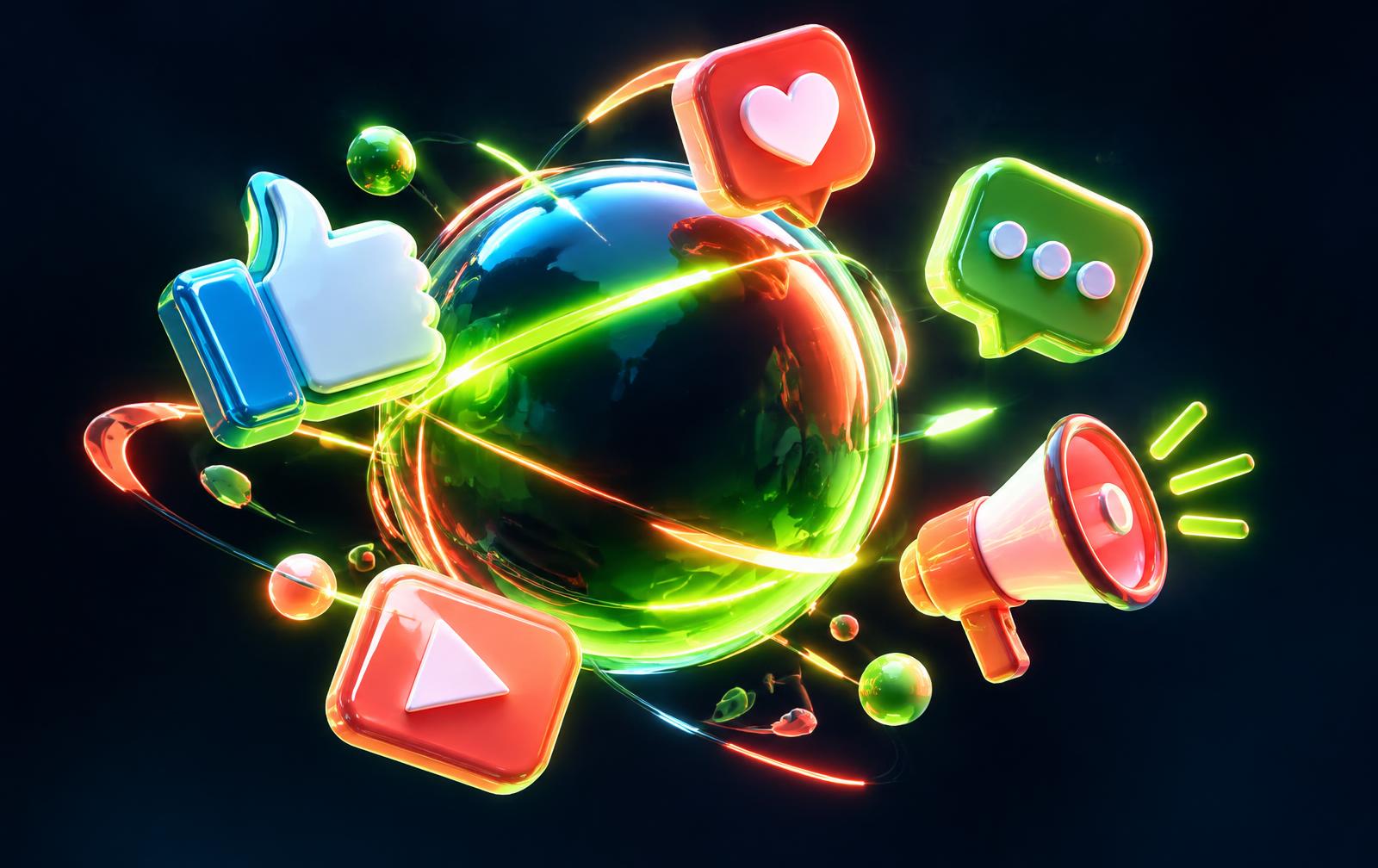 3D social media icons orbiting a glowing globe